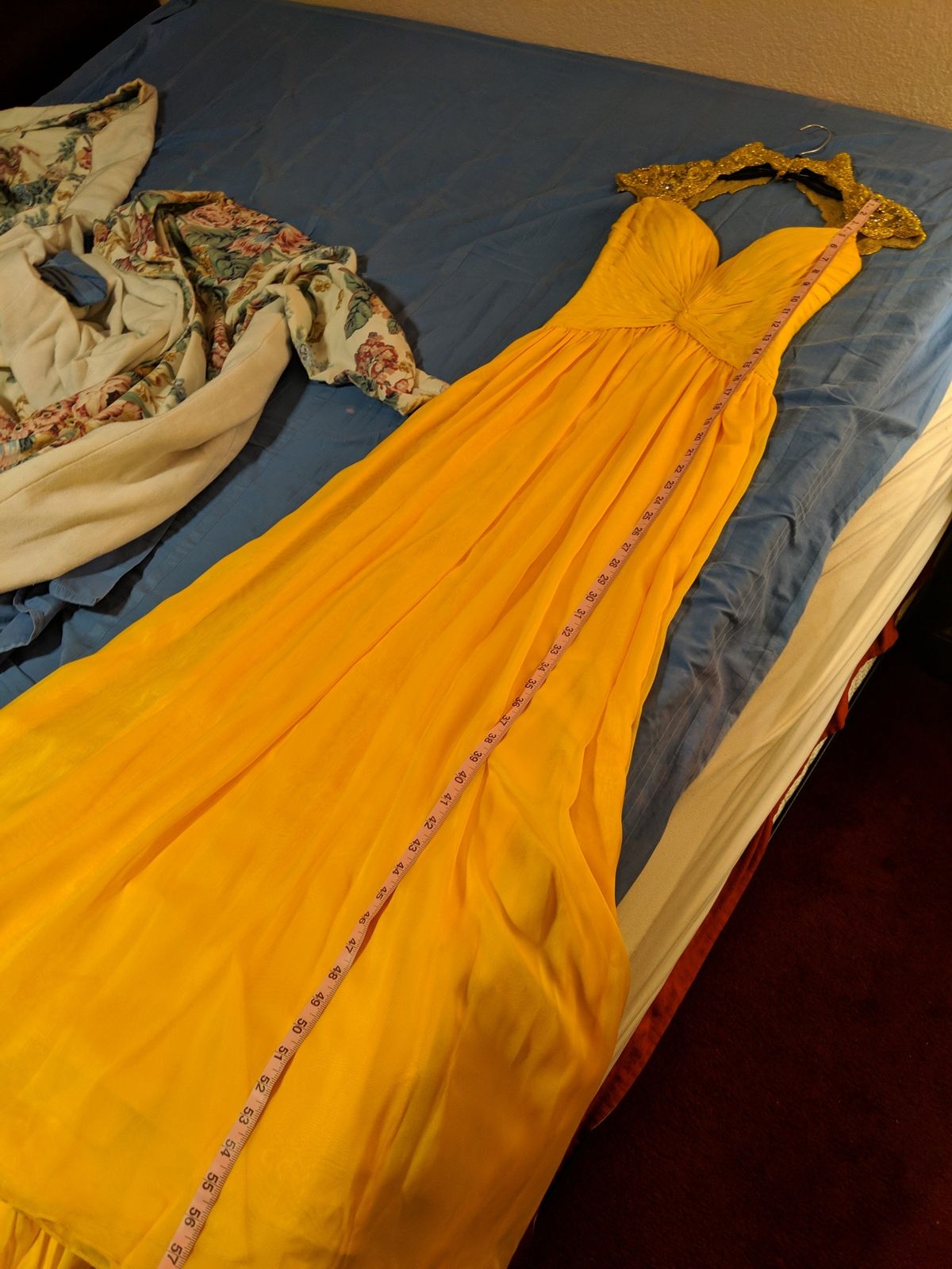 Size 0 Pageant High Neck Yellow A-line Dress on Queenly