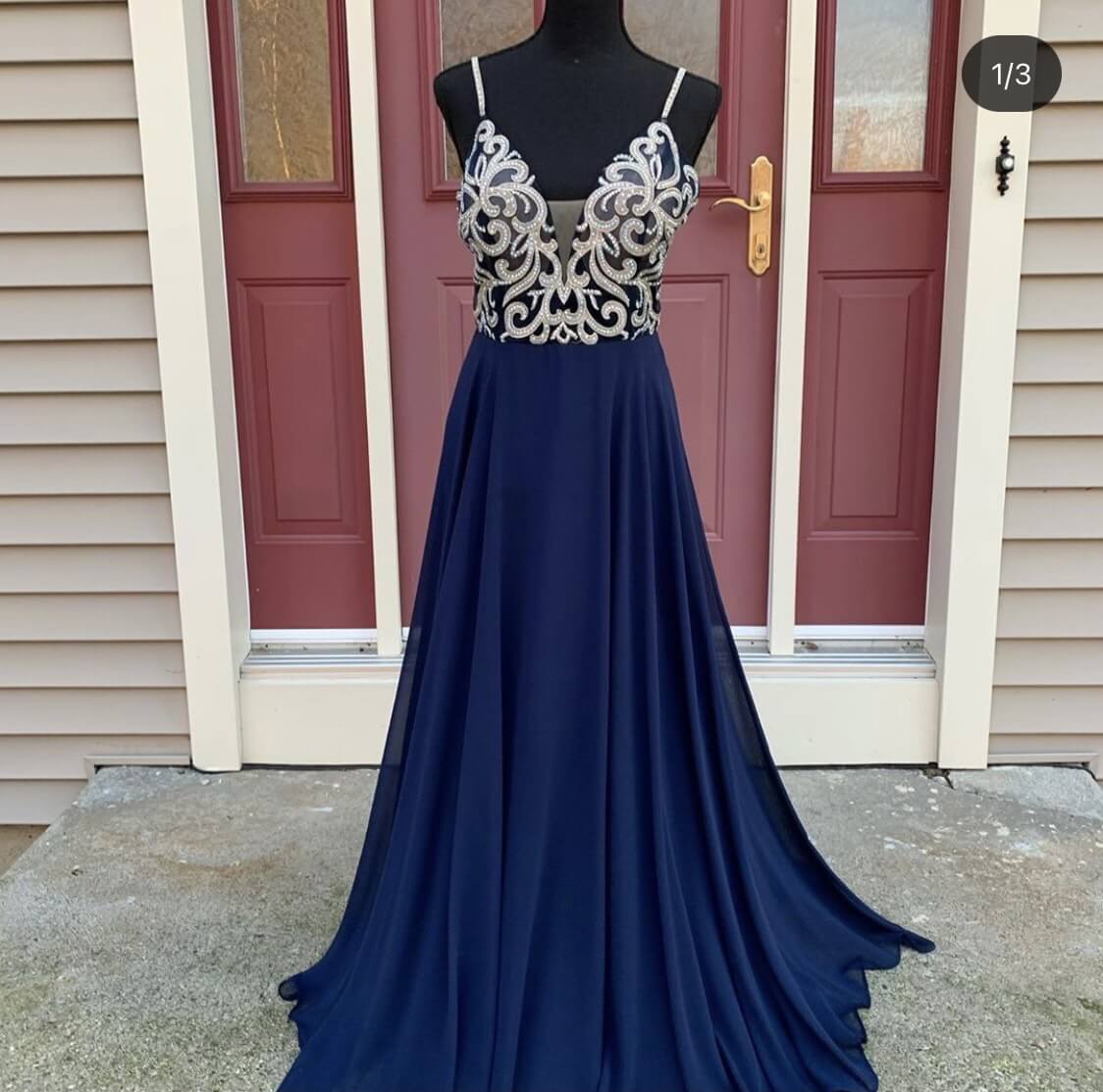 Size 14 Prom Navy Blue Floor Length Maxi on Queenly