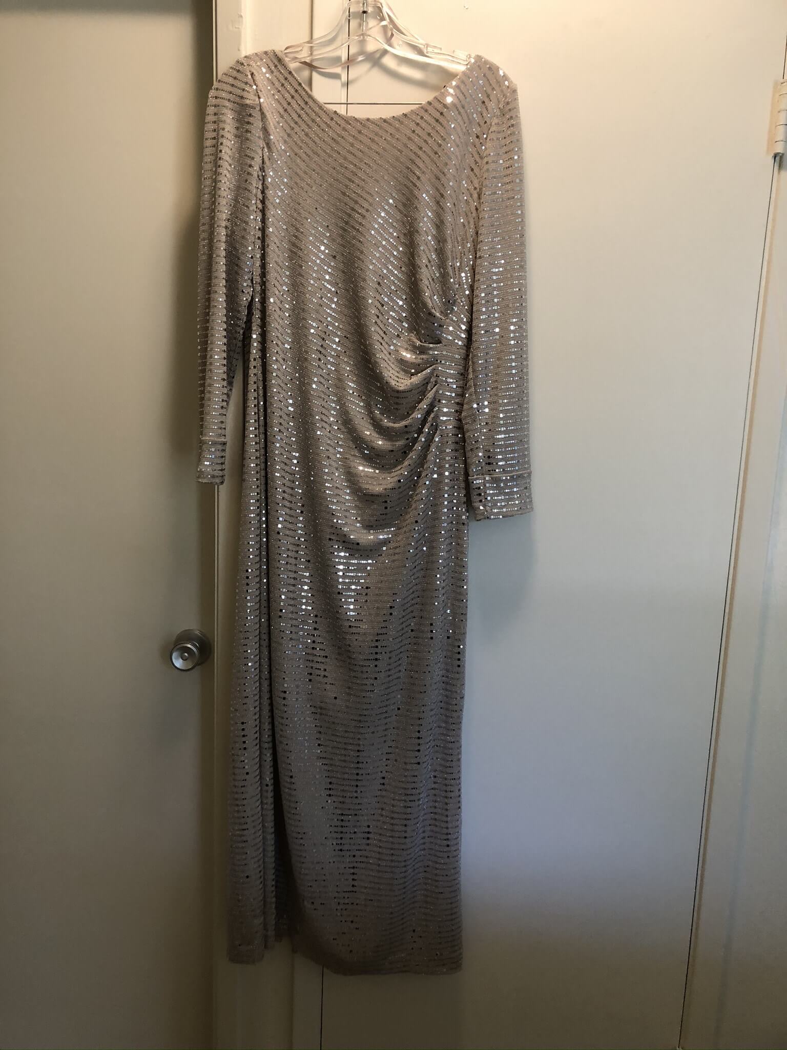 Size 12 Prom Long Sleeve Silver Ball Gown on Queenly