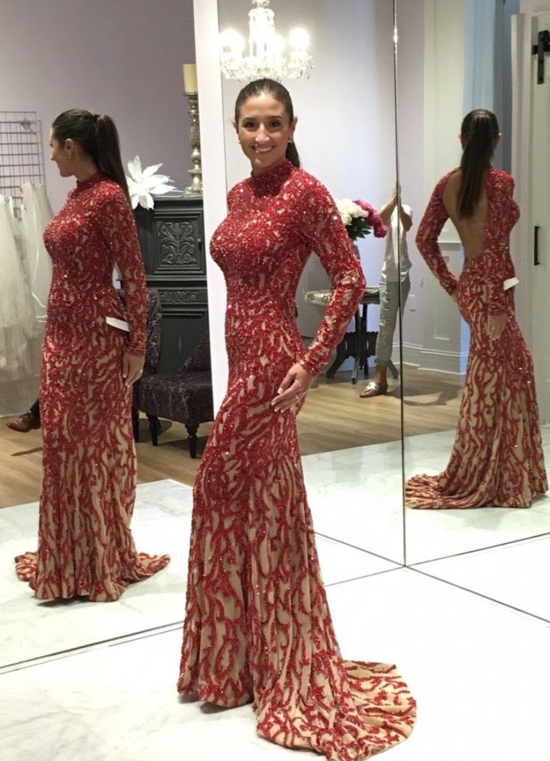 Jovani Size 4 Prom Long Sleeve Sequined Red Floor Length Maxi on Queenly