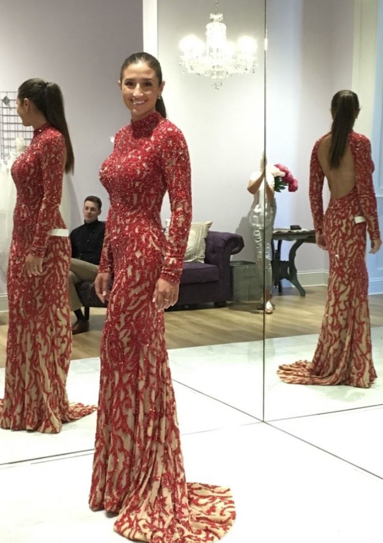 Jovani Size 4 Prom Long Sleeve Sequined Red Floor Length Maxi on Queenly