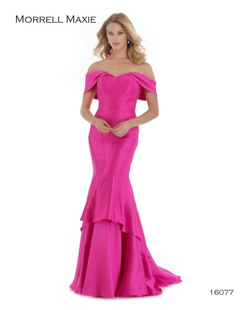Style 16077 Morrell Maxie Size 4 Prom Off The Shoulder Satin Hot Pink Mermaid Dress on Queenly
