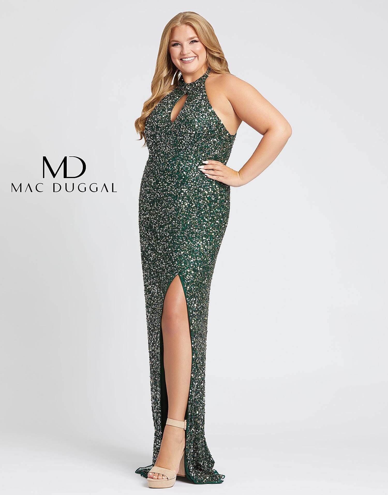 Style 4835 Mac Duggal Plus Size 16 Prom Halter Sequined Green Side Slit Dress on Queenly