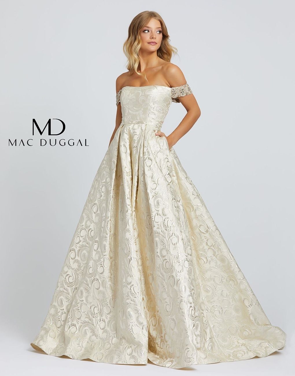 Style 67081H Mac Duggal Size 14 Prom Off The Shoulder Gold A-line Dress on Queenly