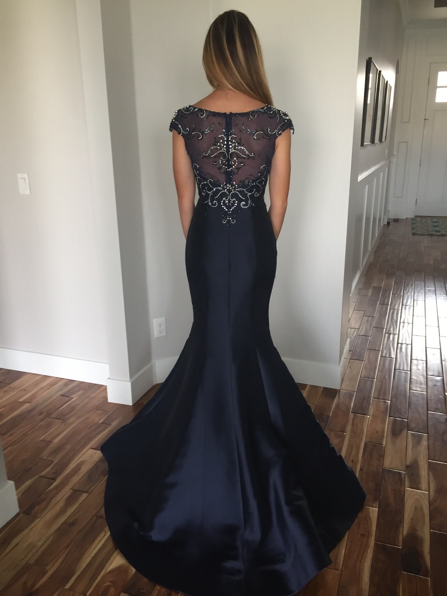 Mac Duggal Size 4 Prom Cap Sleeve Sheer Navy Blue Mermaid Dress on Queenly