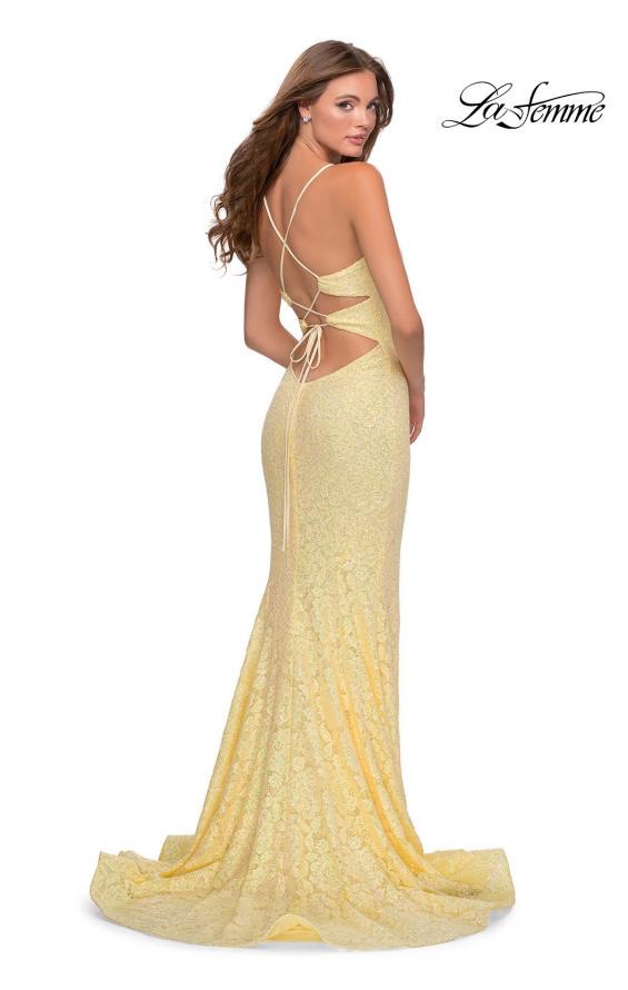 La Femme Size 6 Prom Plunge Lace Yellow Side Slit Dress on Queenly