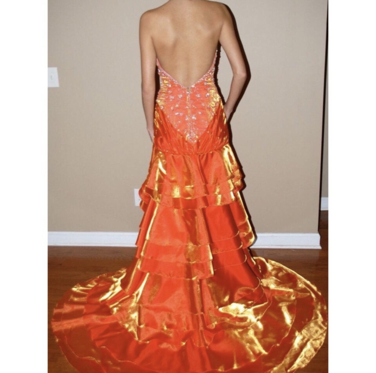 Size 2 Plunge Orange Dress With Train on Queenly