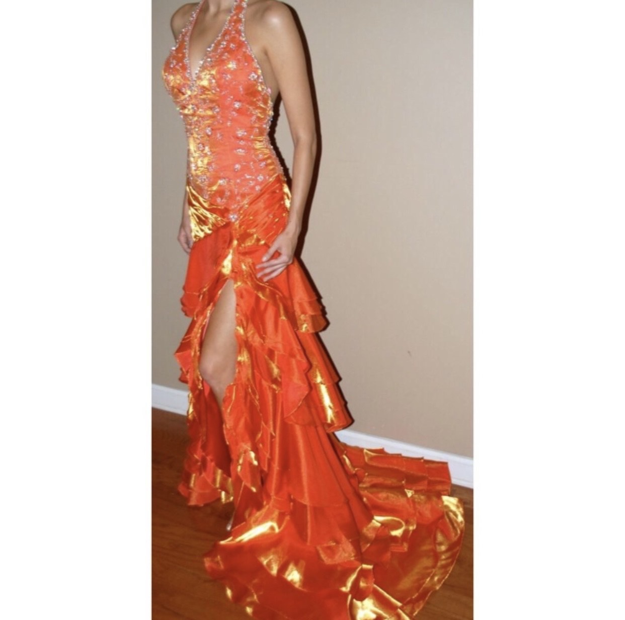 Size 2 Plunge Orange Dress With Train on Queenly