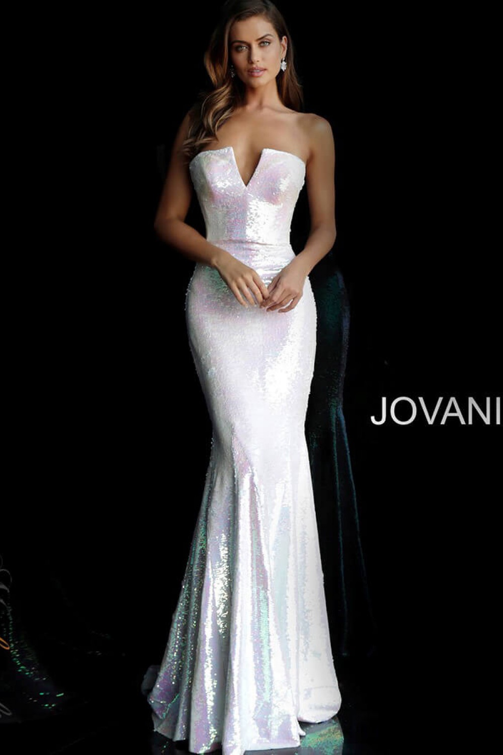 Style 65069 Jovani Size 4 Prom Strapless Sequined White Mermaid Dress on Queenly