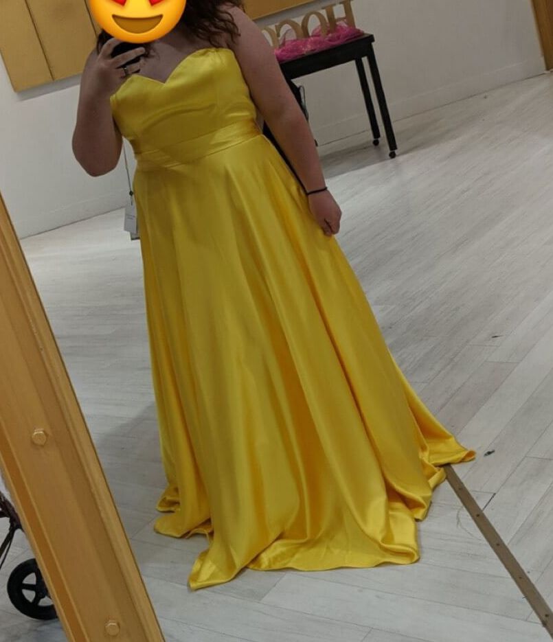 Plus Size 18 Prom Strapless Satin Yellow Ball Gown on Queenly