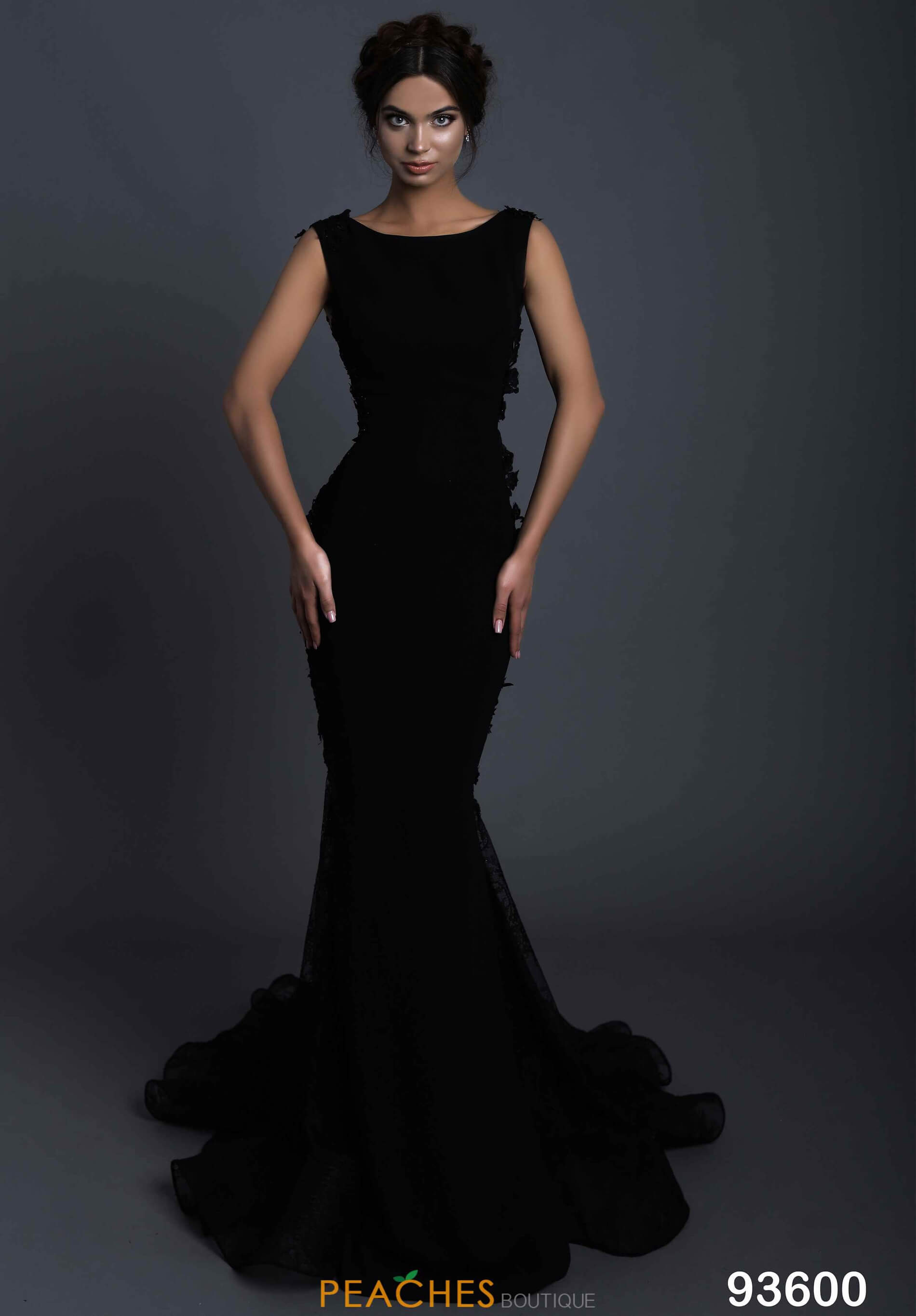 Style 93600 Tarik Ediz Size 4 Prom High Neck Lace Black Dress With Train on Queenly