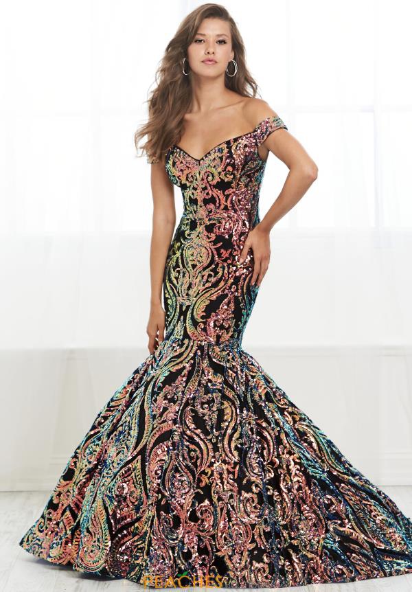 Style 16418 Tiffany Designs Size 10 Prom Off The Shoulder Sequined Multicolor Mermaid Dress on Queenly
