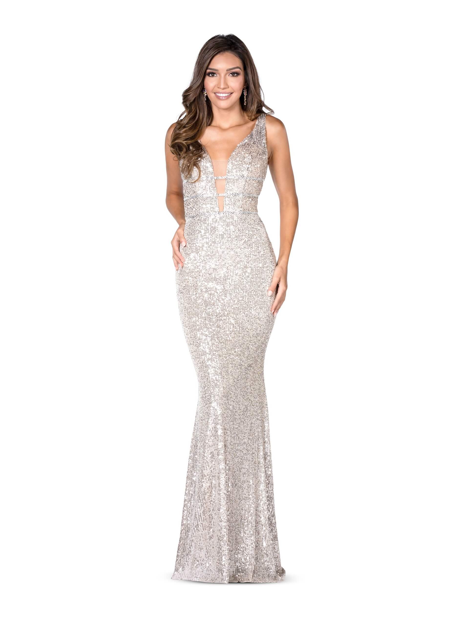 Style 8832 Vienna Silver Size 8 Tall Height Sheer Prom Straight Dress on Queenly