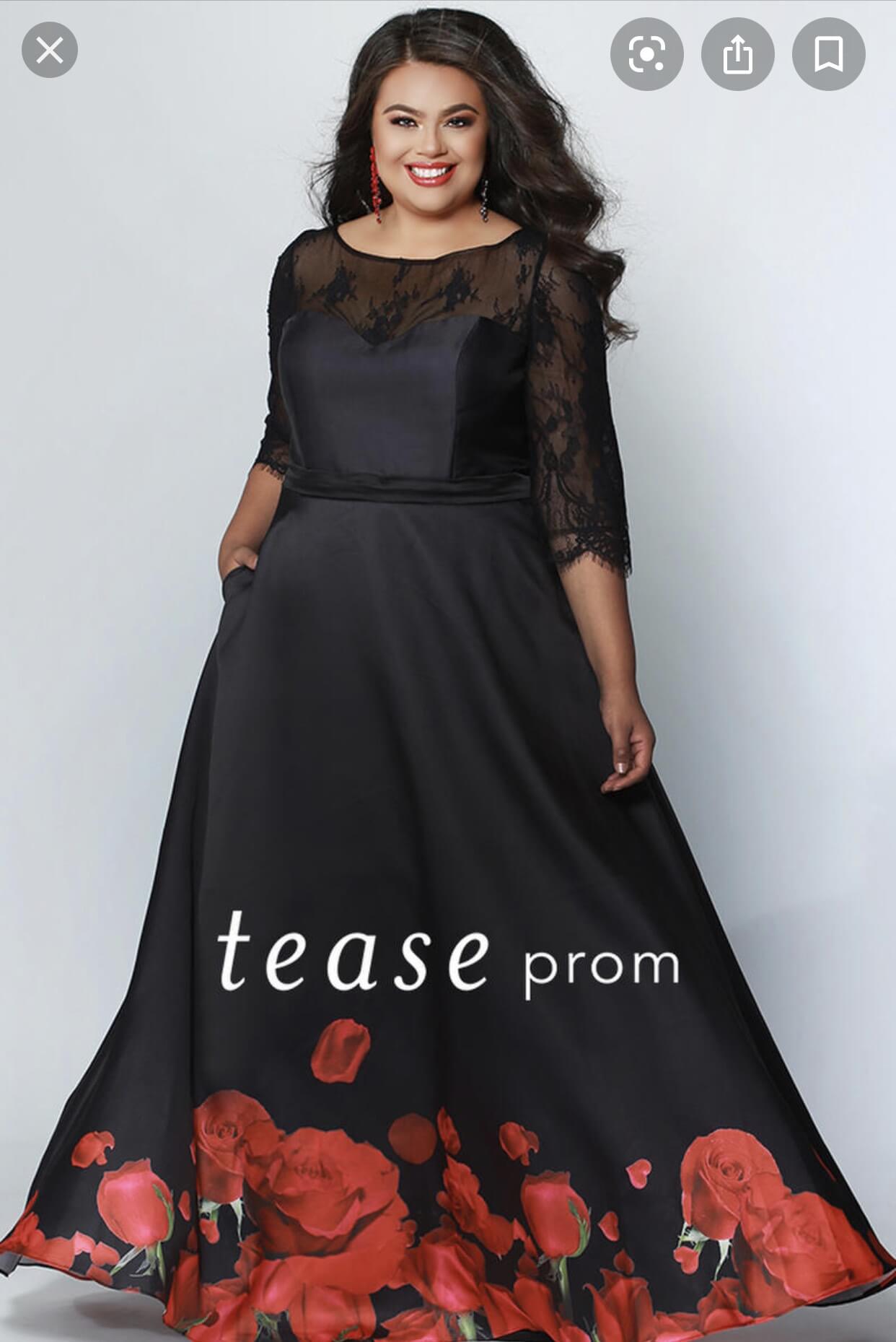 Tease Plus Size 30 Prom Long Sleeve Floral Black A-line Dress on Queenly
