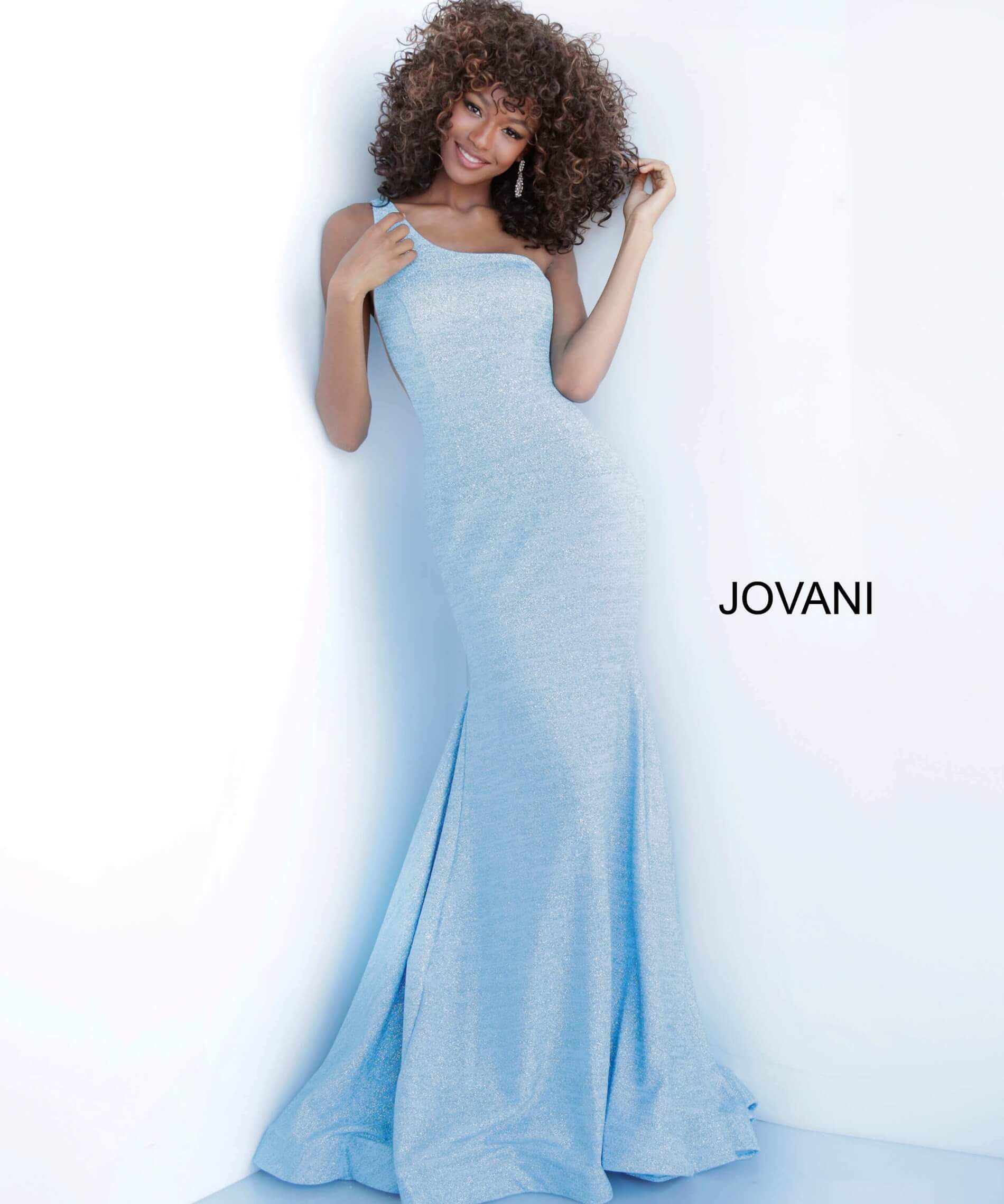 Style 67650 Jovani Size 12 One Shoulder Sheer Light Blue Mermaid Dress on Queenly