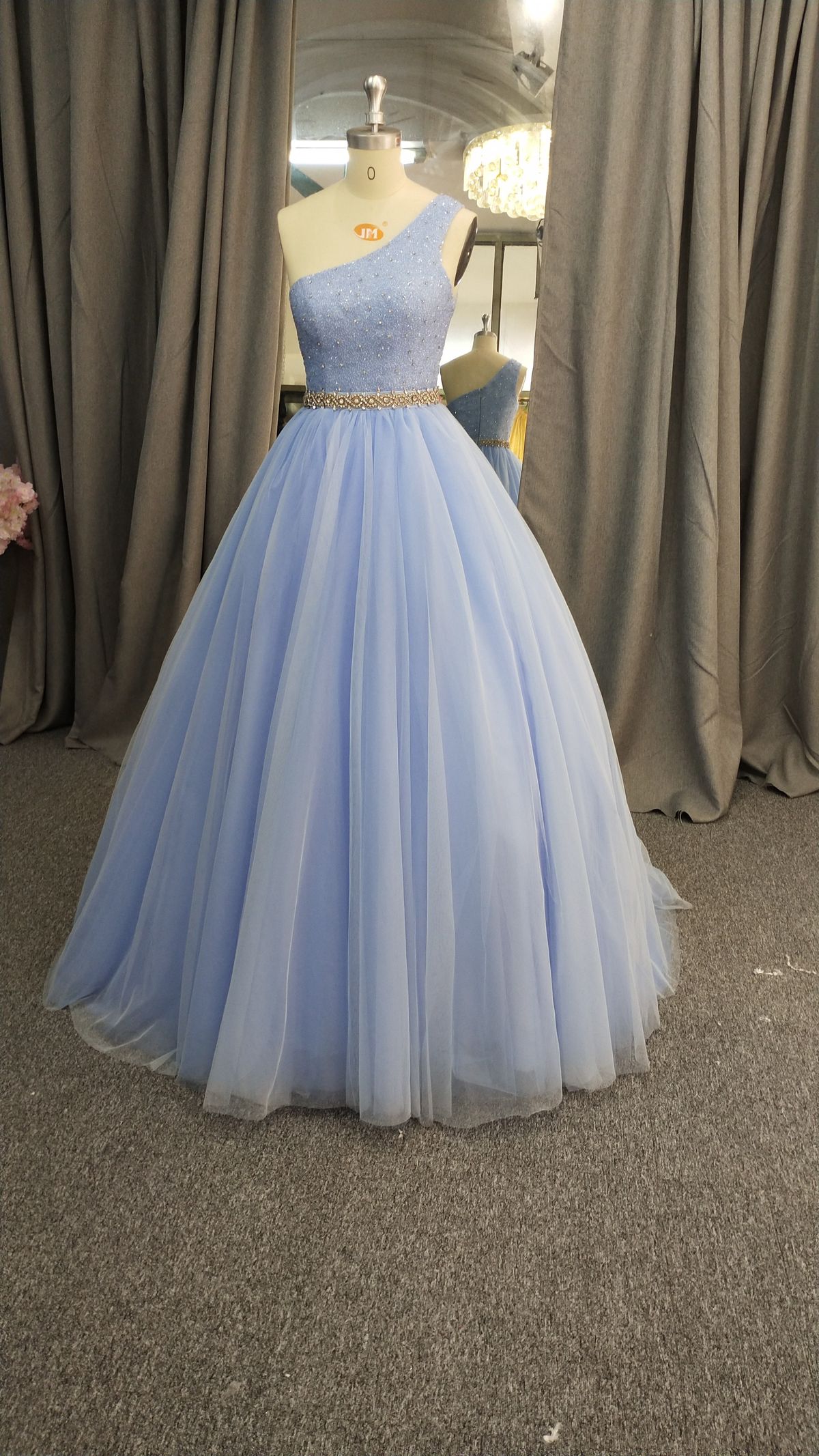 Style C2020-LDuff2 One shoulder formal evening dress Darius Cordell Size 8 Prom One Shoulder Light Blue Ball Gown on Queenly