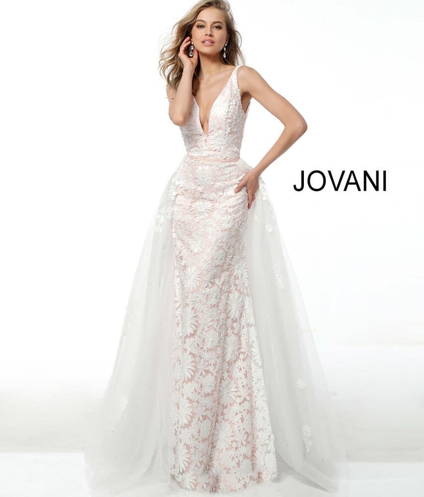 Jovani Size 6 Prom Plunge Lace White Dress With Train on Queenly