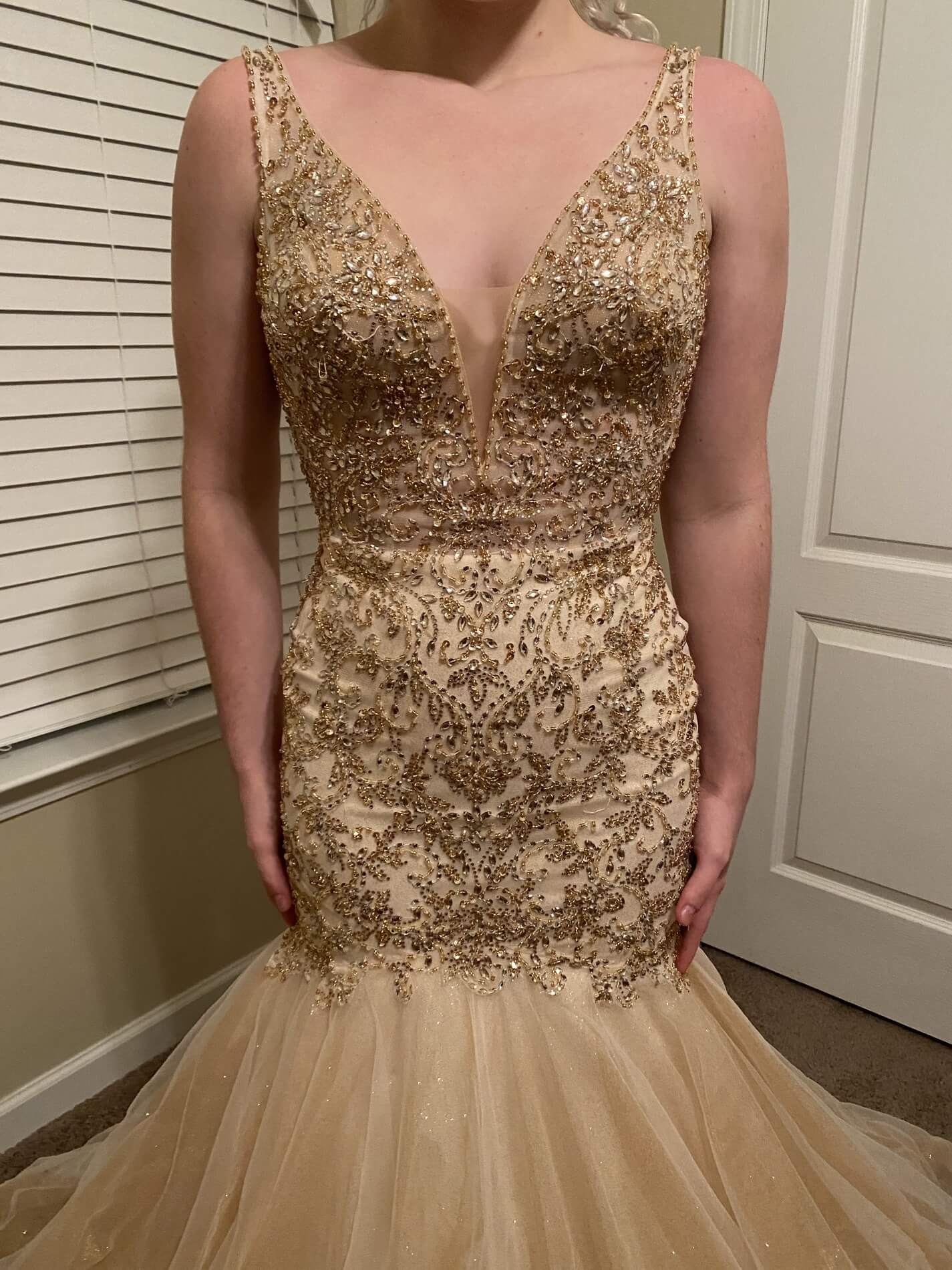 MoriLee Size 4 Prom Plunge Sequined Gold Mermaid Dress on Queenly