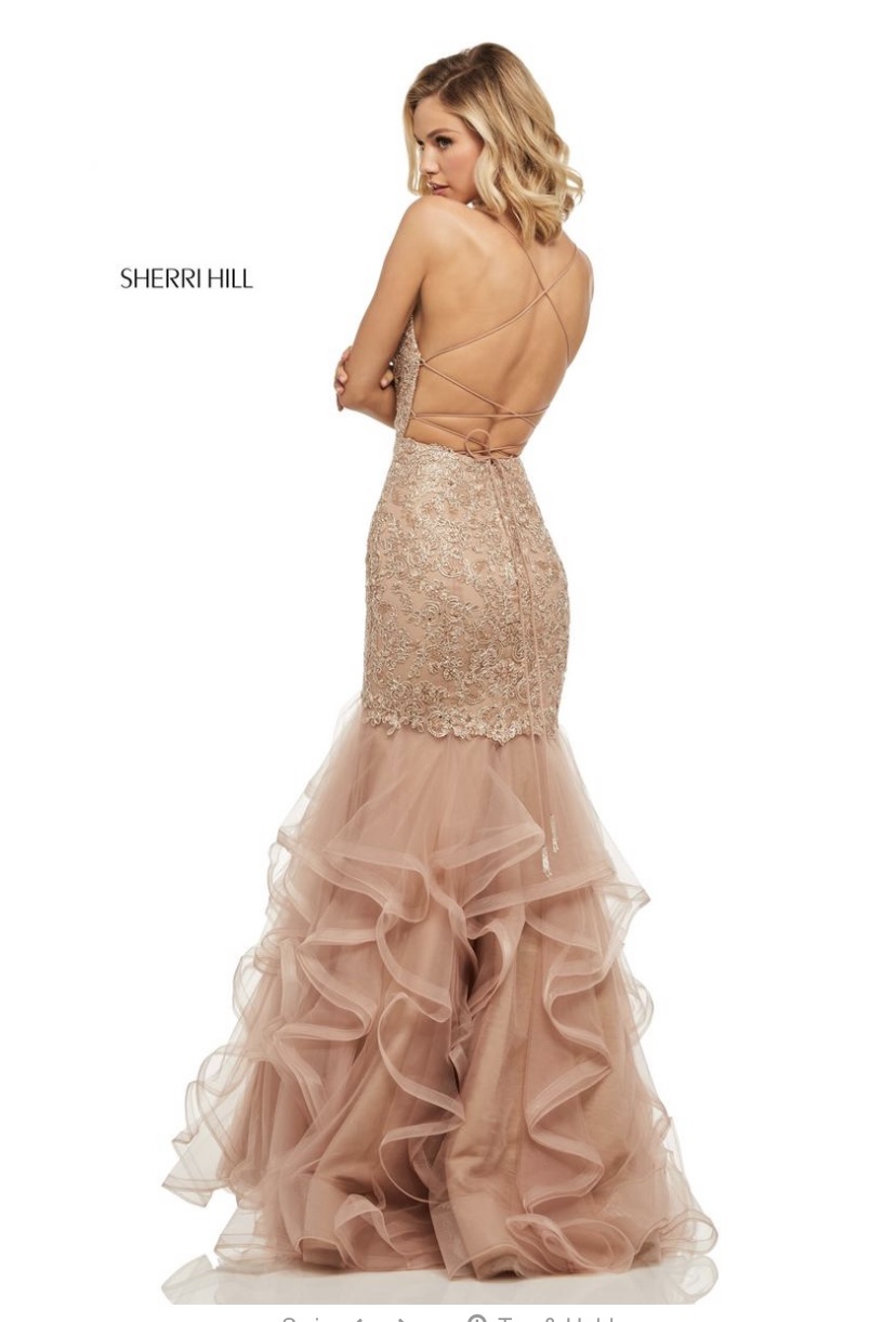 Style 52560 Sherri Hill Size 6 Prom Lace Rose Gold Mermaid Dress on Queenly