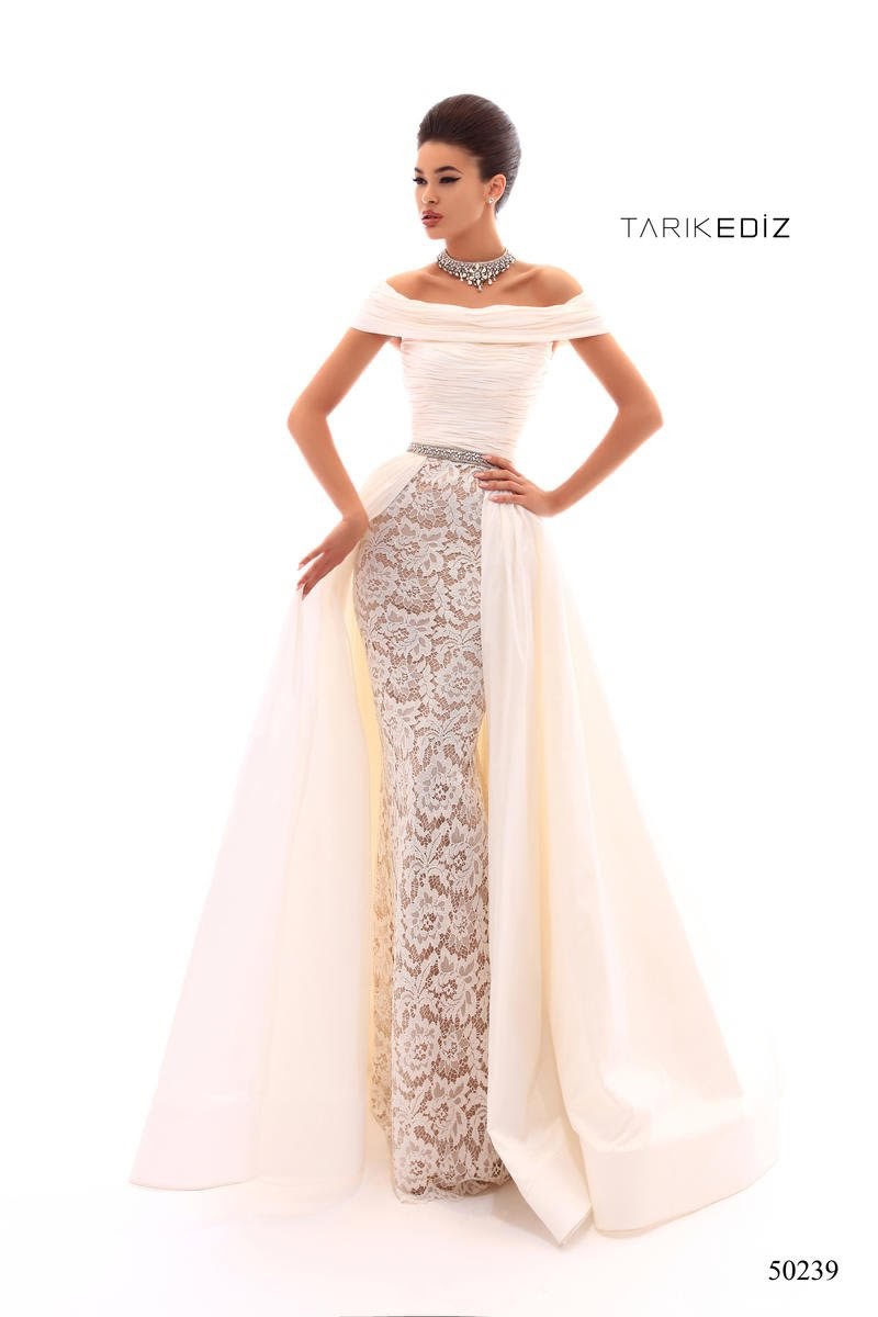 Style 50239 Tarik Ediz Size 8 Prom Off The Shoulder White A-line Dress on Queenly