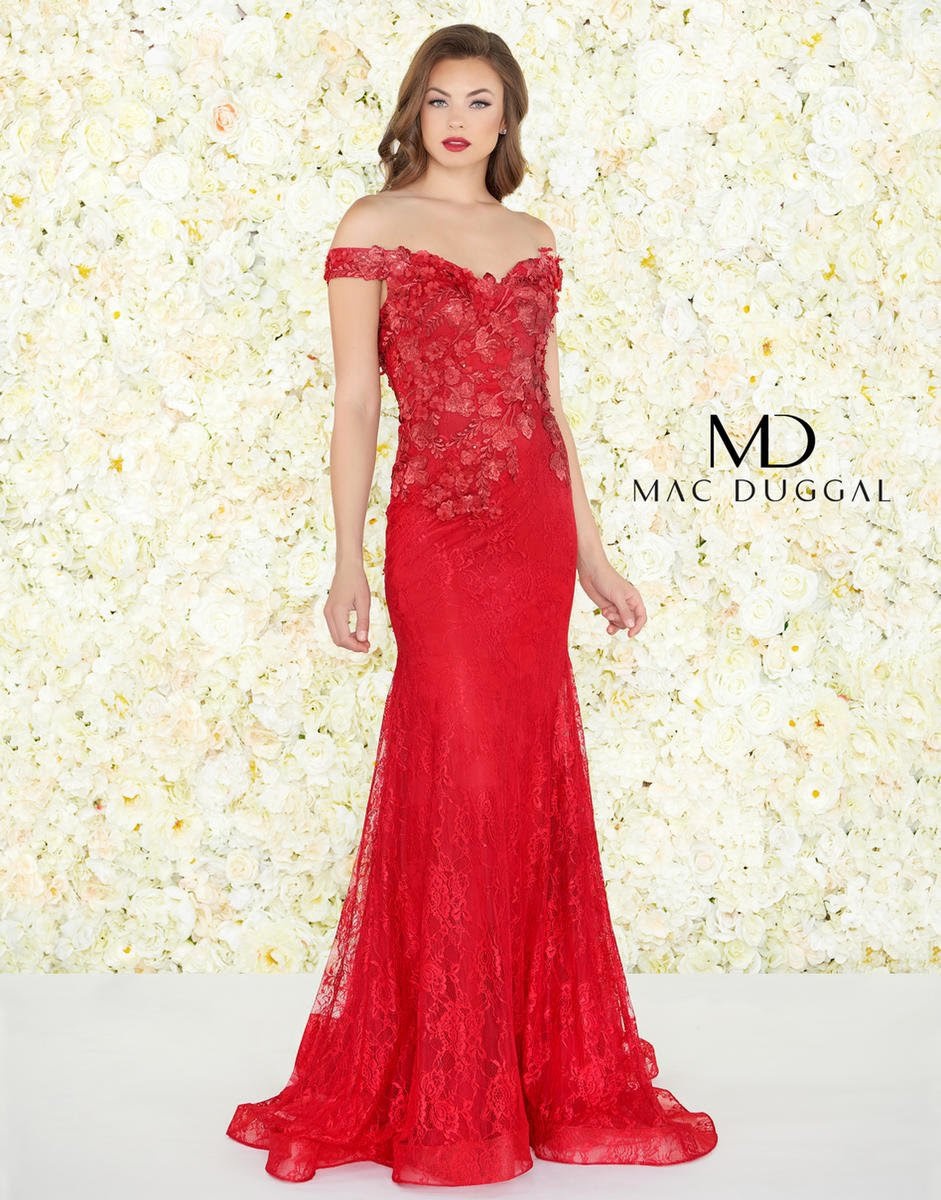 Style 66214R Mac Duggal Plus Size 18 Prom Off The Shoulder Lace Ruby Mermaid Dress on Queenly