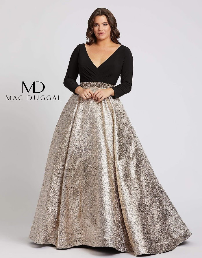 Style 67229F Mac Duggal Plus Size 24 Prom Long Sleeve Gold Ball Gown on Queenly