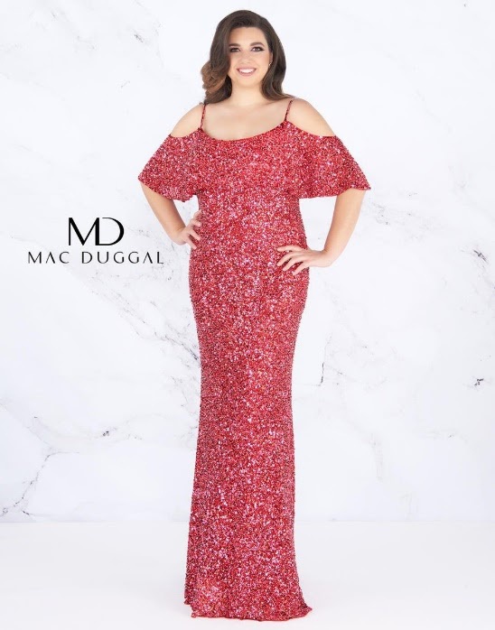 Style 4836F Mac Duggal Plus Size 16 Prom Off The Shoulder Sequined Cherry Floor Length Maxi on Queenly