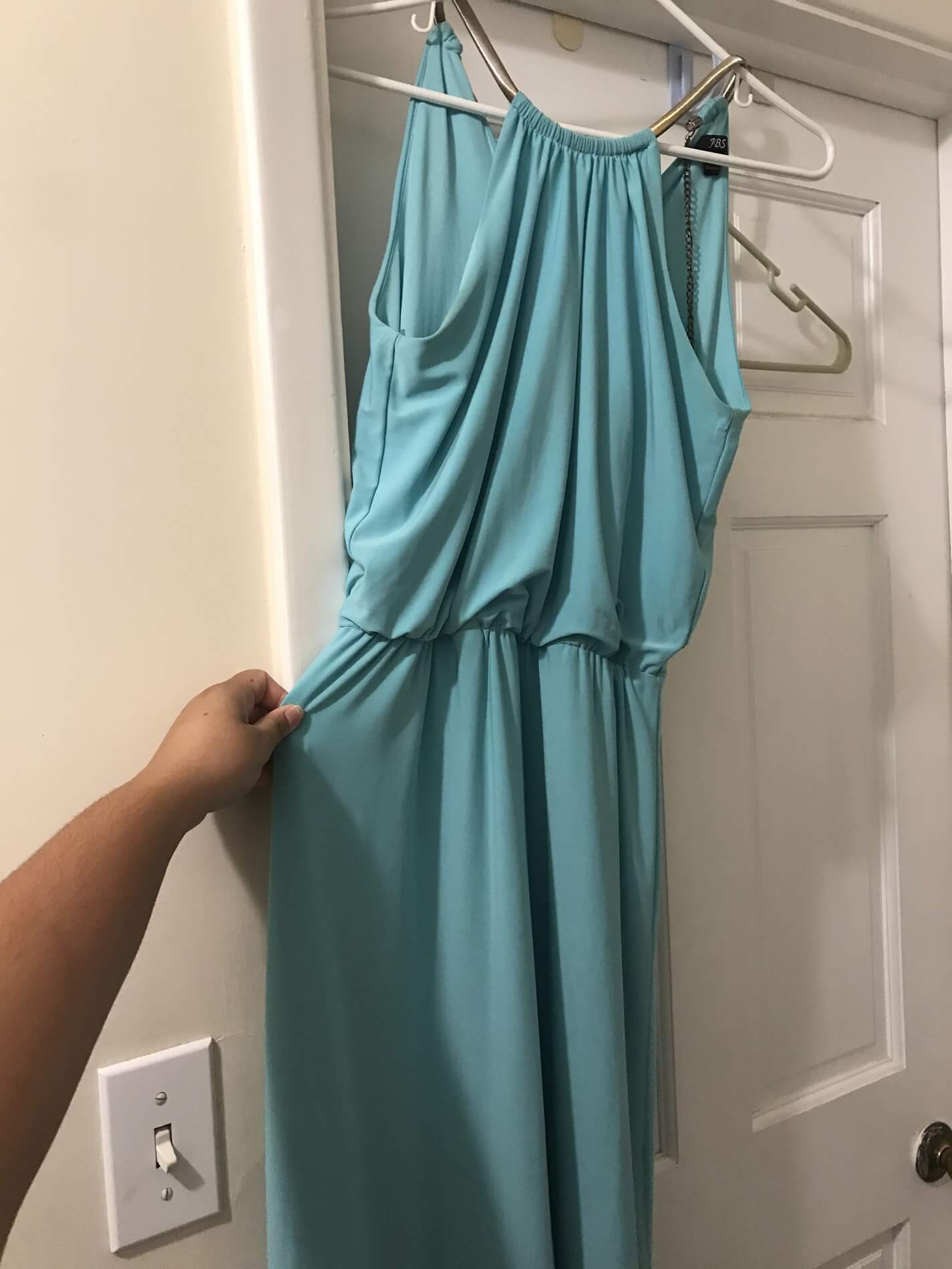 Size 4 Bridesmaid Halter Turquoise Blue Floor Length Maxi on Queenly