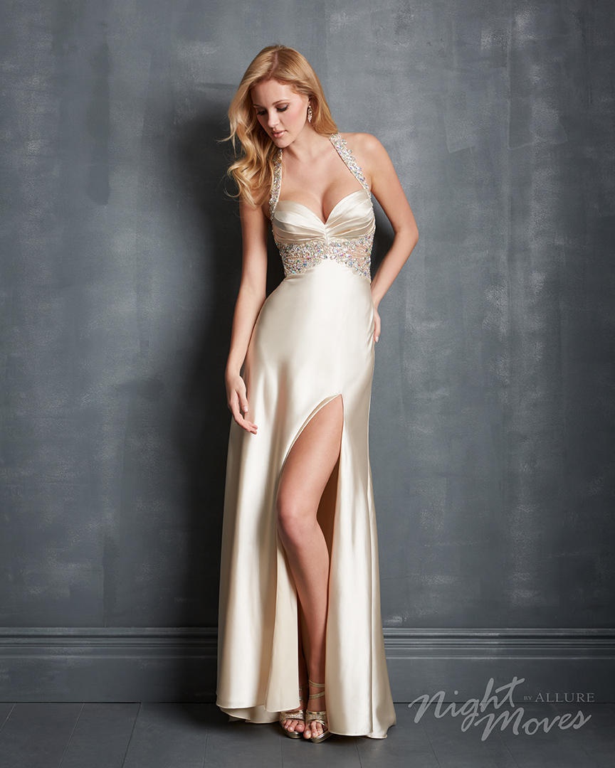 Style 7066 NIGHT MOVES BY ALLURE Size 14 Nude Side Slit Dress on Queenly