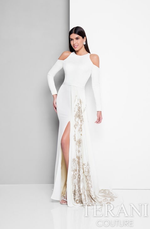 Style 1713E3626 Terani Couture Size 4 Prom Long Sleeve White Side Slit Dress on Queenly