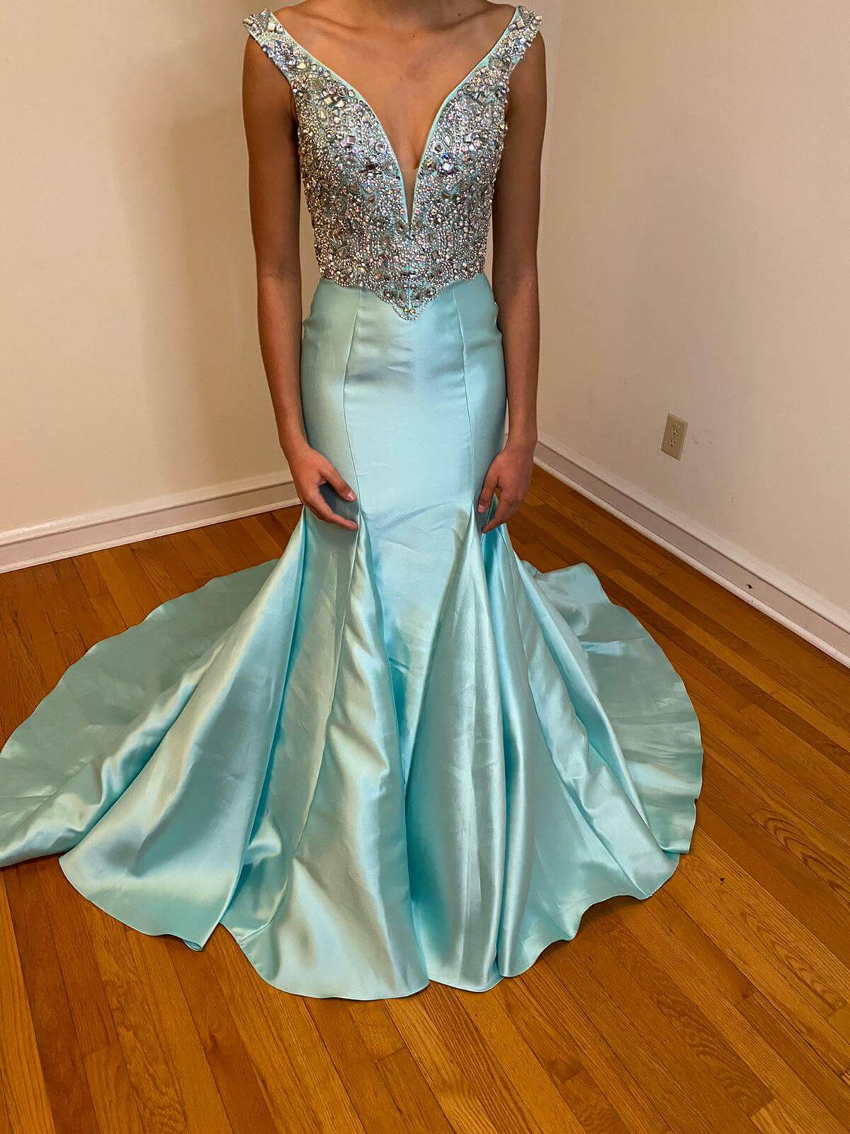 Mac Duggal Size 2 Prom Off The Shoulder Satin Light Blue Dress With Train on Queenly