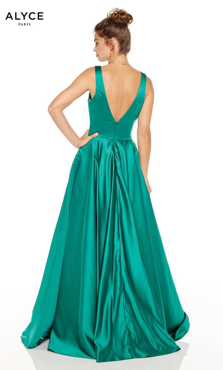 Style 60707 Alyce Paris Size 0 Prom Plunge Satin Emerald Green A-line Dress on Queenly