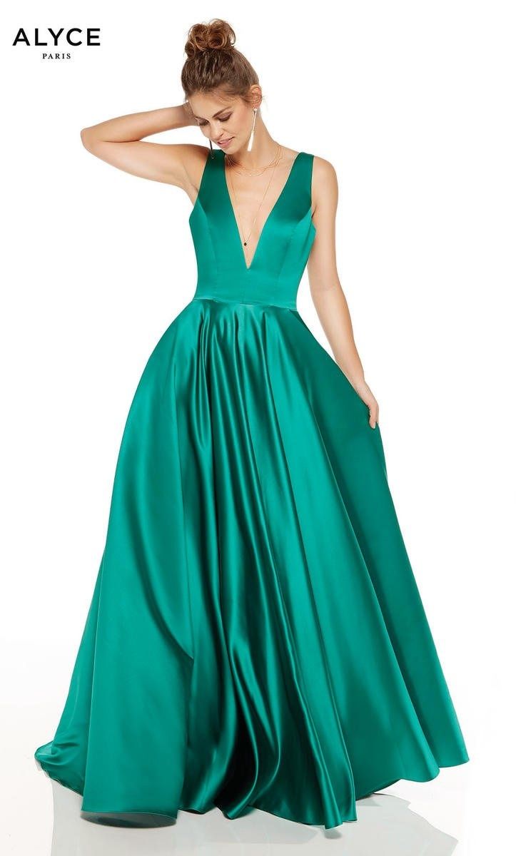 Style 60707 Alyce Paris Size 8 Prom Plunge Satin Emerald Green A-line Dress on Queenly