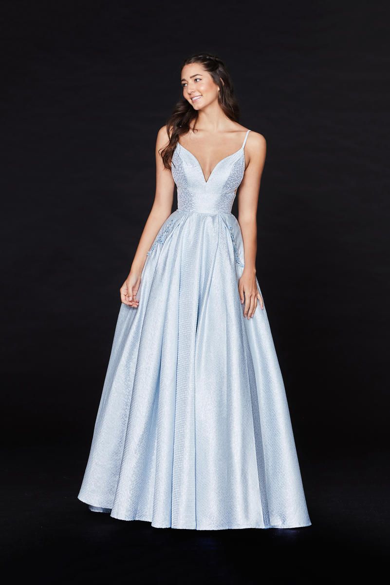 Style 20094 Angela and Alison Size 0 Prom Plunge Light Blue A-line Dress on Queenly