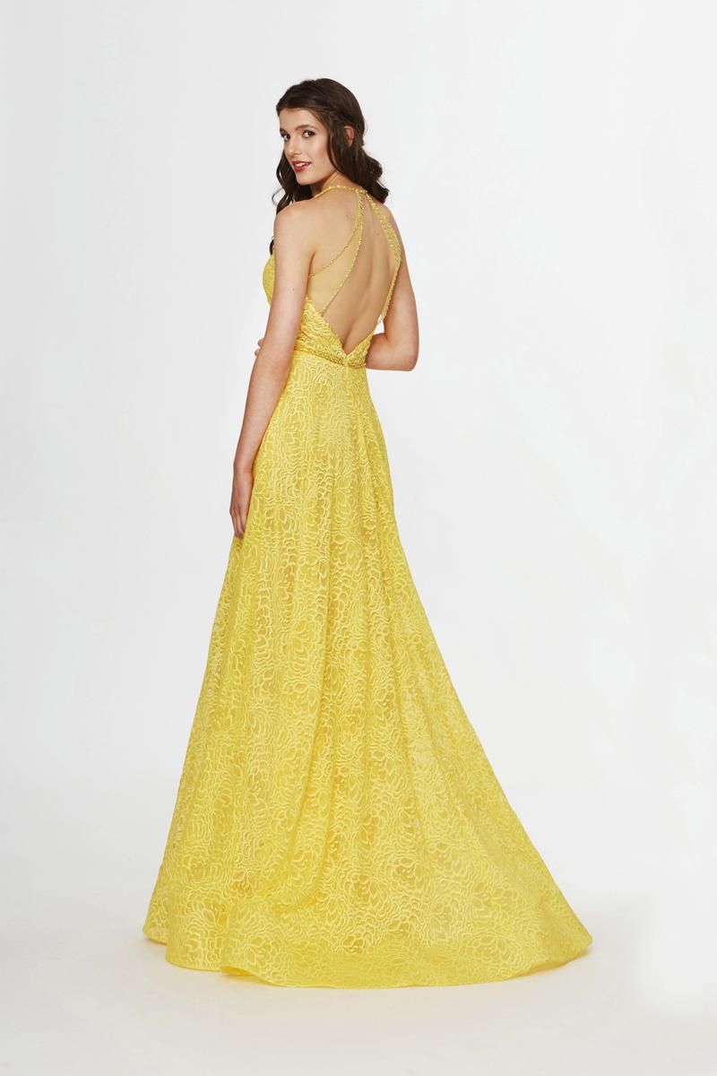 Style 91023 Angela and Alison Size 2 Prom Halter Yellow A-line Dress on Queenly