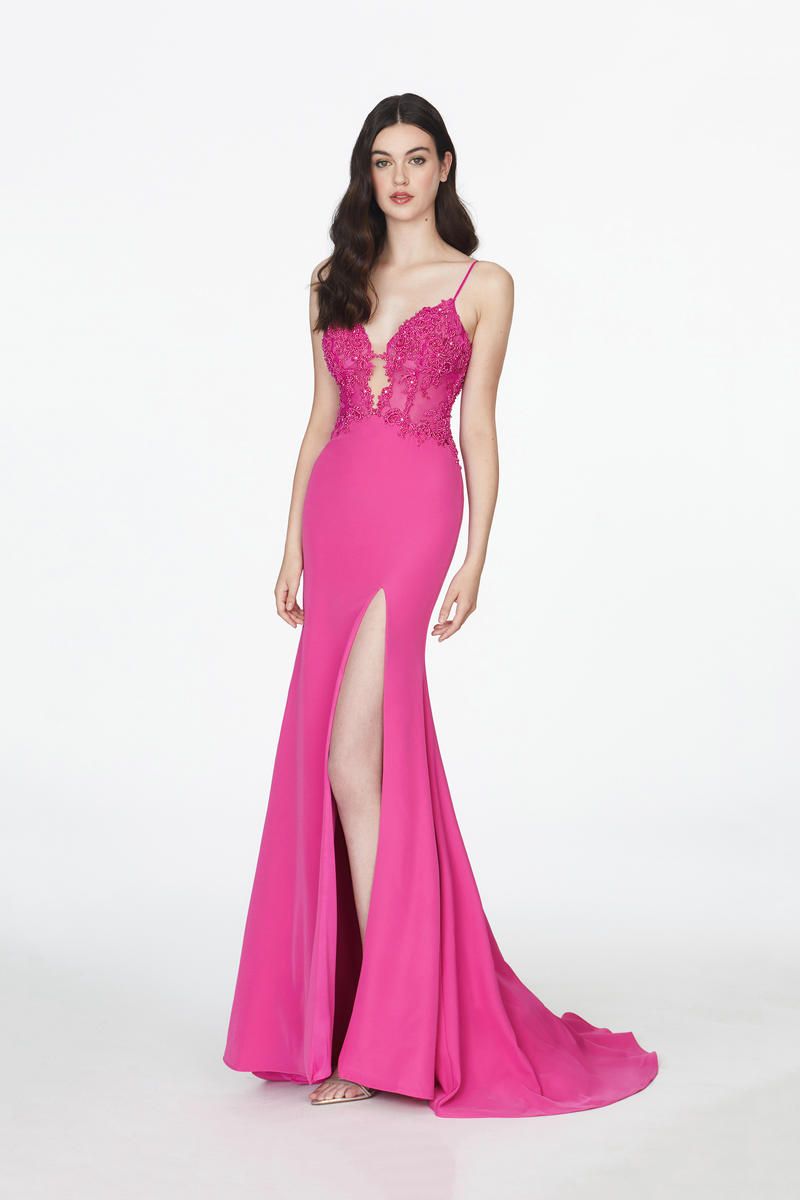 Style 20004 Angela and Alison Size 8 Prom Plunge Hot Pink Side Slit Dress on Queenly