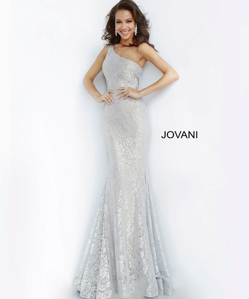 Style 00353 Jovani Size 4 Prom One Shoulder Silver Mermaid Dress on Queenly