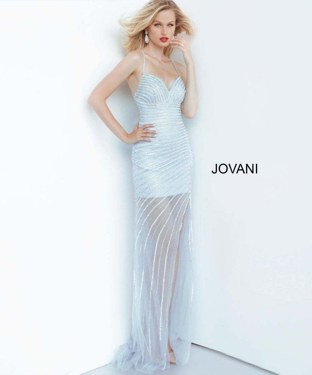 Style 03187 Jovani Size 4 Prom Sheer Light Blue Side Slit Dress on Queenly
