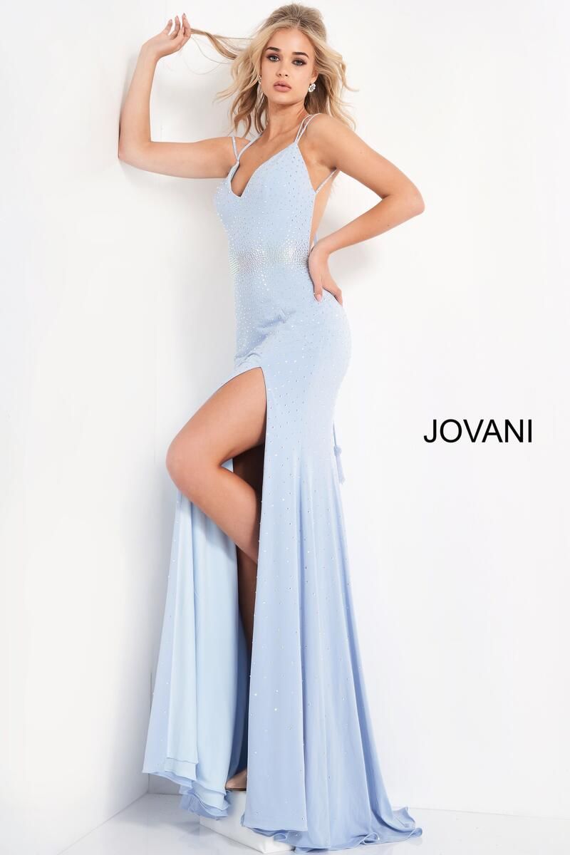 Style 06209 Jovani Size 0 Prom Plunge Light Blue Side Slit Dress on Queenly