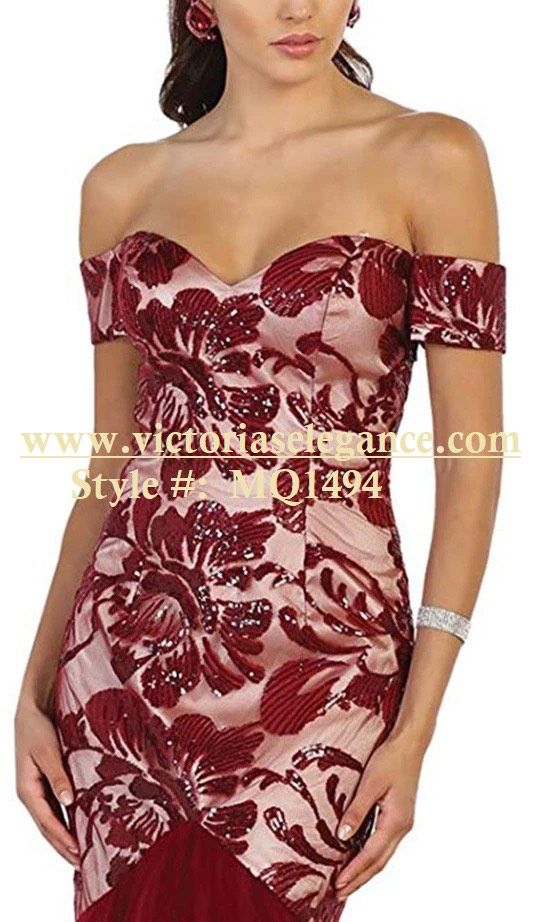 May Queen Size 10 Off The Shoulder Floral Burgundy Red Mermaid Dress on Queenly