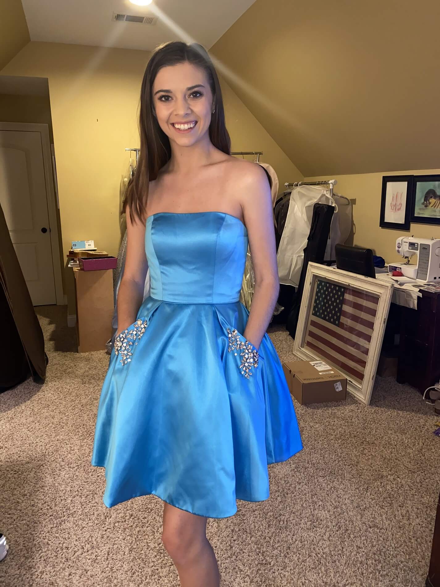 Size 0 Homecoming Strapless Satin Blue Cocktail Dress on Queenly