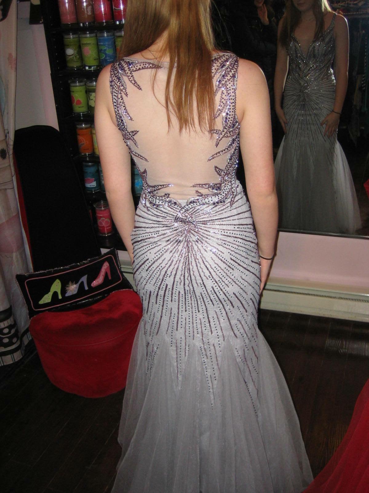 Size 2 Prom Plunge Sheer Silver Mermaid Dress on Queenly