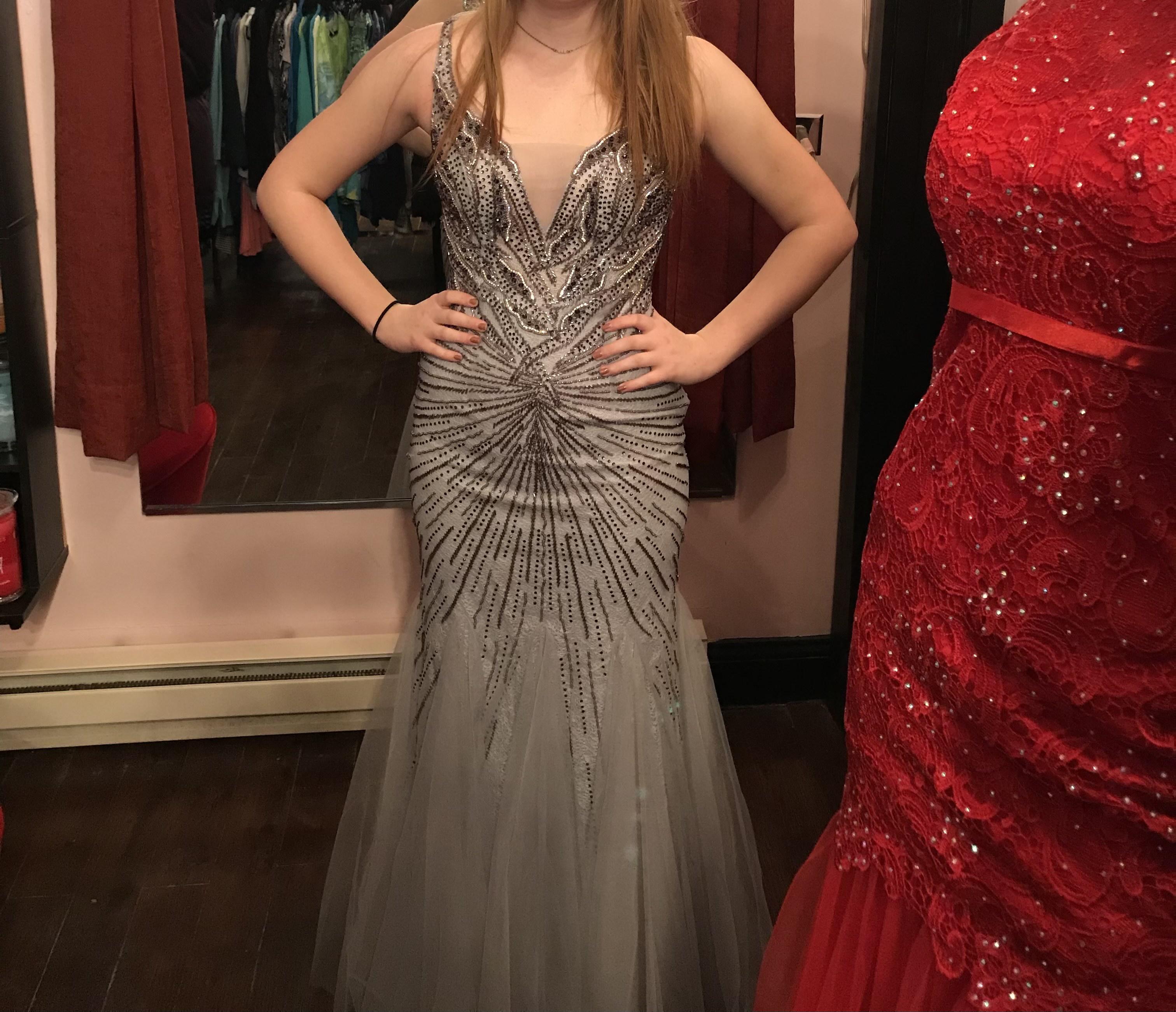 Size 2 Prom Plunge Sheer Silver Mermaid Dress on Queenly