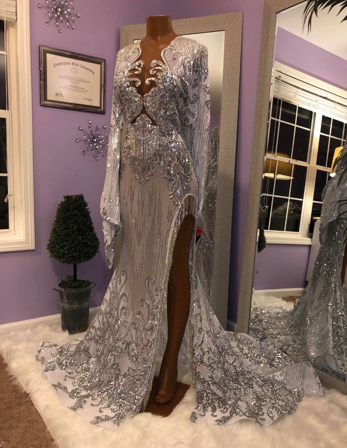 Size 6 Prom Long Sleeve Silver Side Slit Dress on Queenly