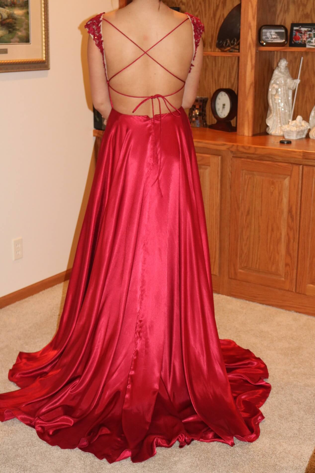 Size 4 Prom Plunge Lace Red A-line Dress on Queenly