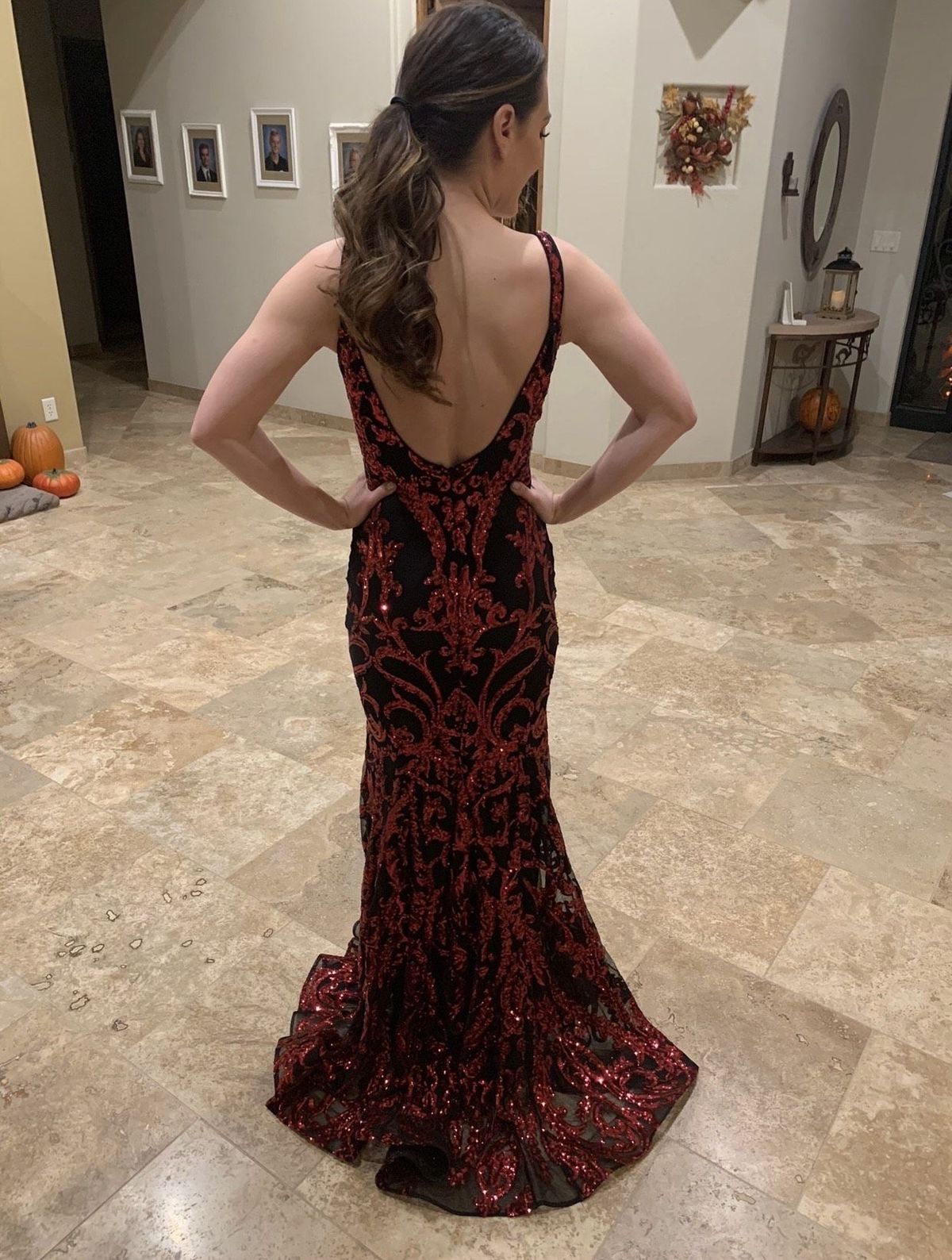 Jovani Size 0 Prom Plunge Sequined Red Mermaid Dress on Queenly