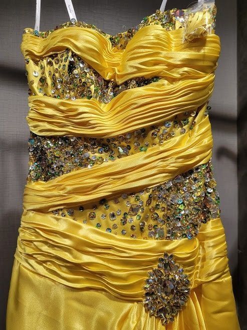 Style 3255 Karishma Creations Yellow Size 2 Tall Height Strapless Sequin A-line Dress on Queenly