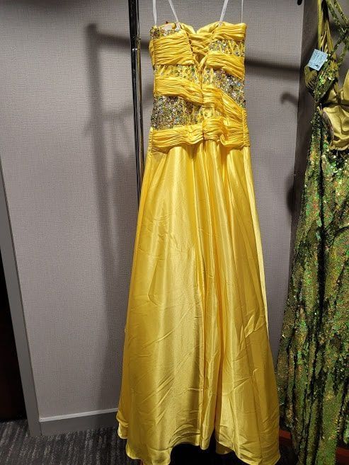 Style 3255 Karishma Creations Yellow Size 2 Tall Height Strapless Sequin A-line Dress on Queenly