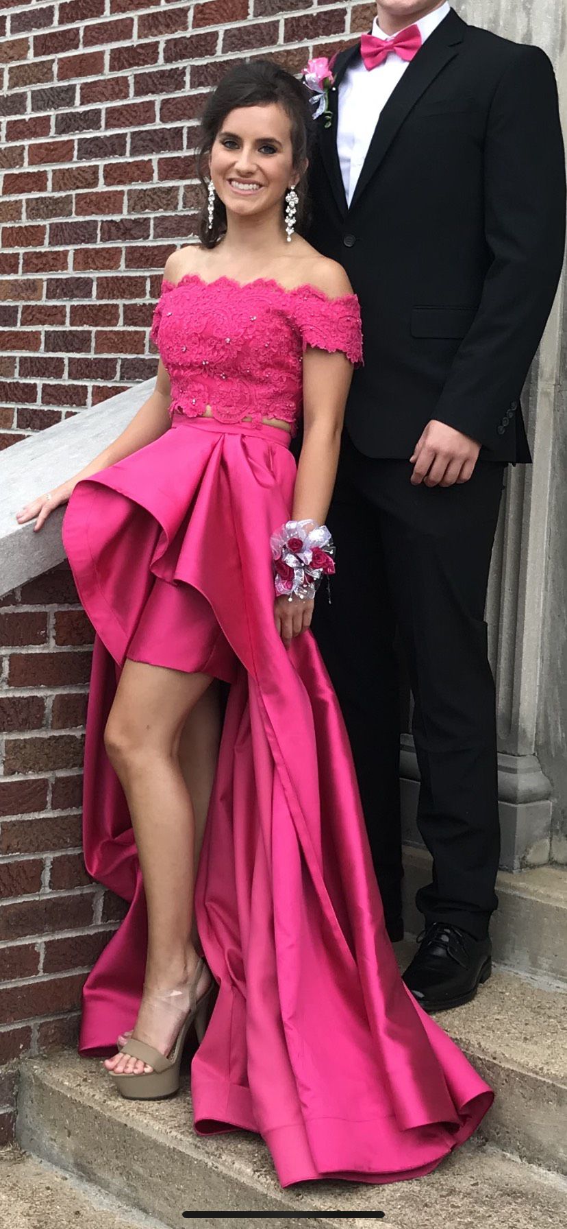 Size 00 Prom Off The Shoulder Pink Dress With Train on Queenly