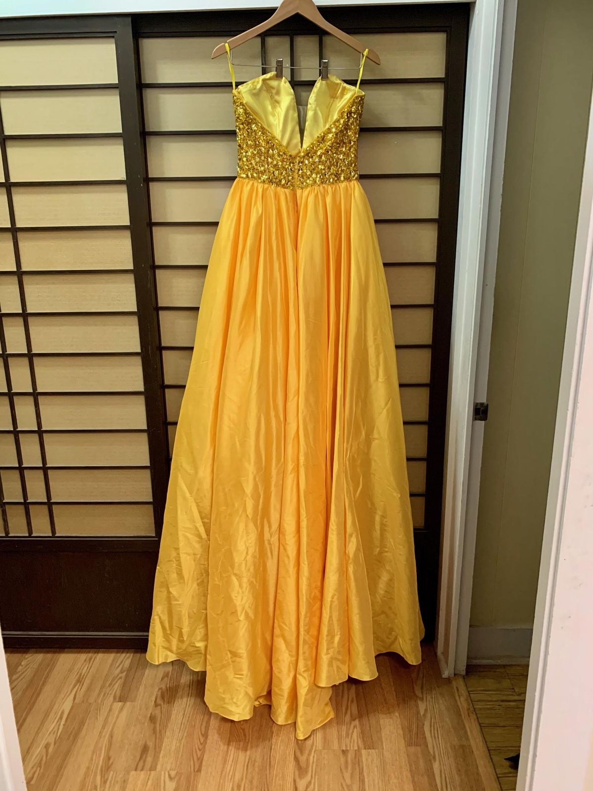 Size 6 Pageant Strapless Sequined Yellow A-line Dress on Queenly
